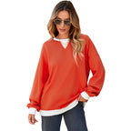 Color Contrast Patchwork Round Neck Pullover Long Sleeve Sweater Women