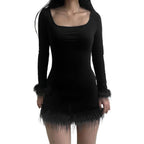 Women's Solid-color Knitted Waist-cinching Long-sleeve Dress