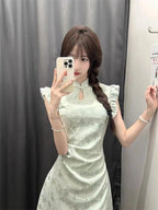 Women's Cinched-waist Bishop-sleeve Green New Chinese-style Dress
