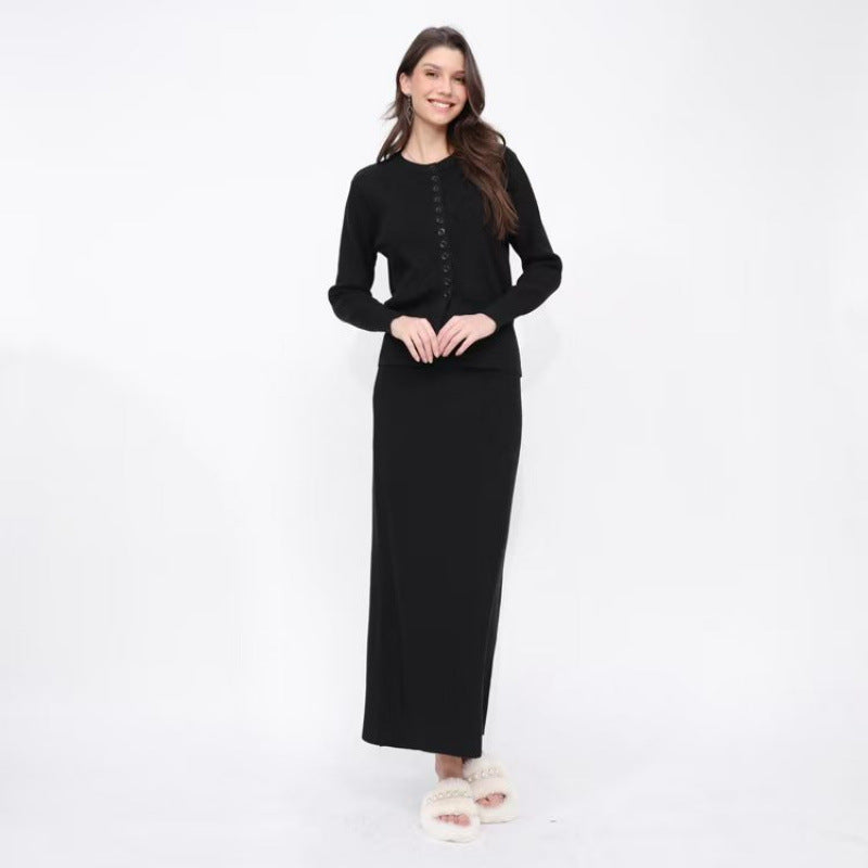 Women's Solid-color Casual Cardigan And Skirt Setsoft And Gentle All-in-one Outfit