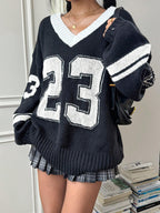 Contrast Color Digital Jacquard Loose-fitting V-neck Long Sleeves Sweater