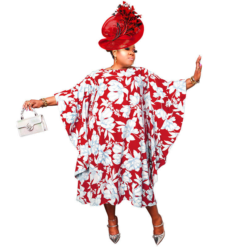 Women's Multi-color Split Skirt With Kimono Sleeves Plus-size Dress