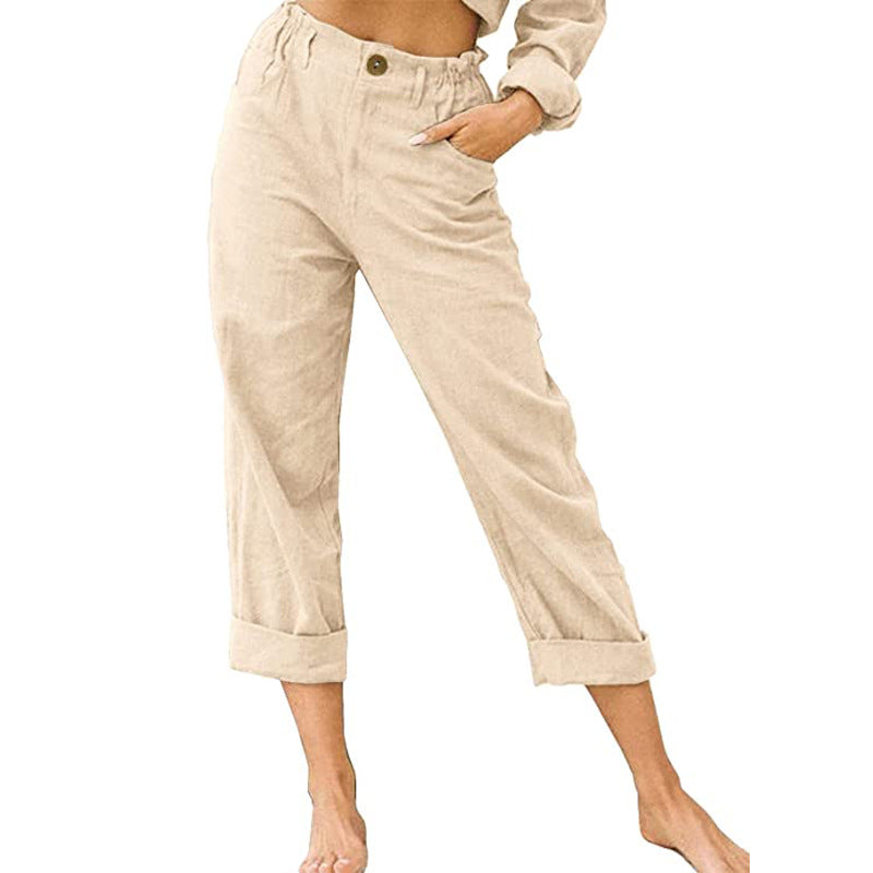 Women's Cotton Linen Patchwork Trousers | High Waist Drawstring Loose Casual Pants | 11 Colours | S–3XL | Michan Direct