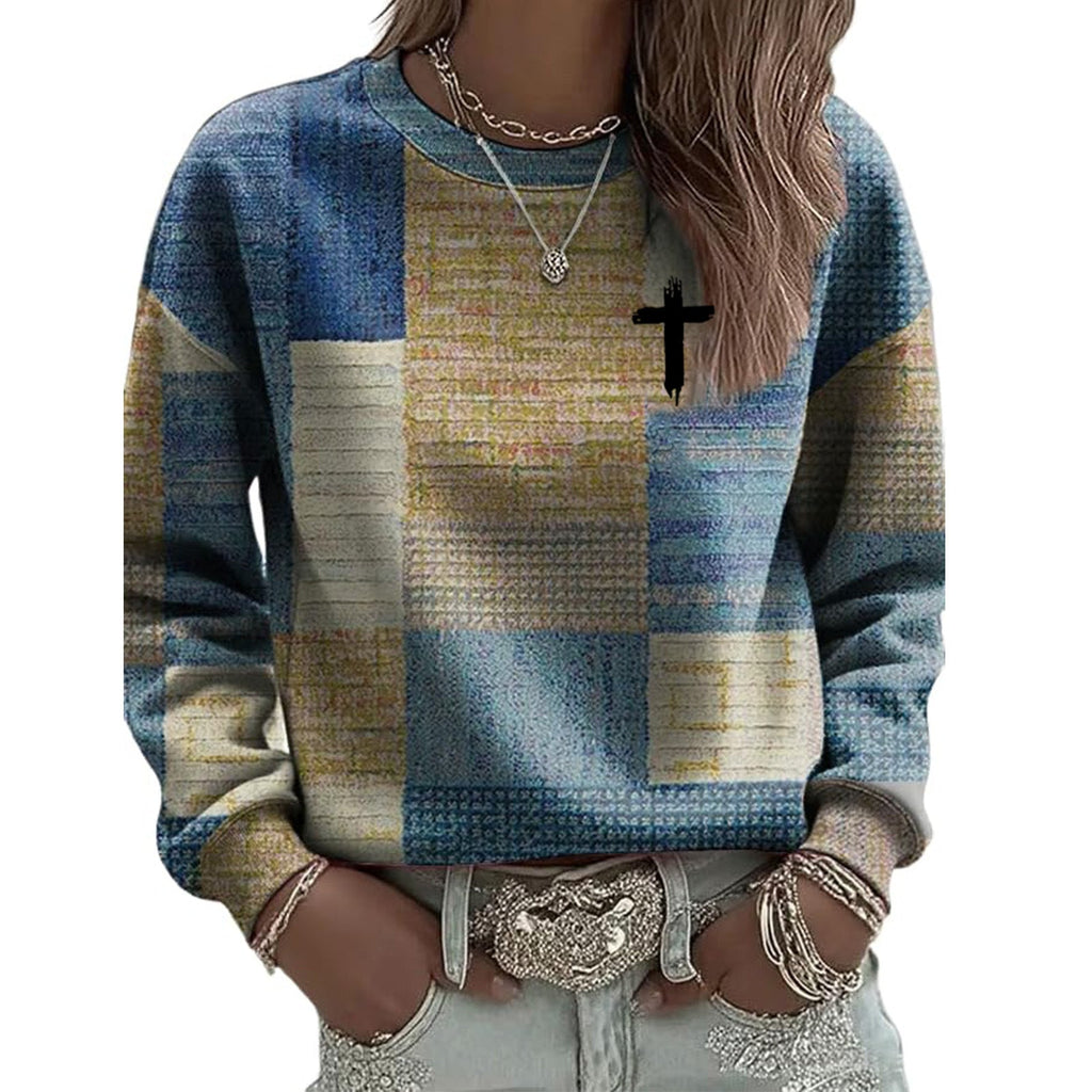 AutumnWinter Womens New Plaid Print Crew Neck Sweatshirt