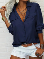 Women's Elegant Solid Chiffon Blouse Spring Summer Casual Long Sleeve V Neck Loose Shirt Office Lady Tunics Tops