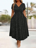 Waist Cinching Elegant Dress With A Vneck Shimmering Powder Finish Twisted Ribbon Detailing And Pocket Design