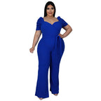 Women's Plus-Size Stand Collar Ruffle Sleeve High-Waist Jumpsuit Wide-Leg Pants