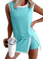 1Set Ribbed Sleeveless Top Shorts Set Women Summer Casual Two Piece Outfit