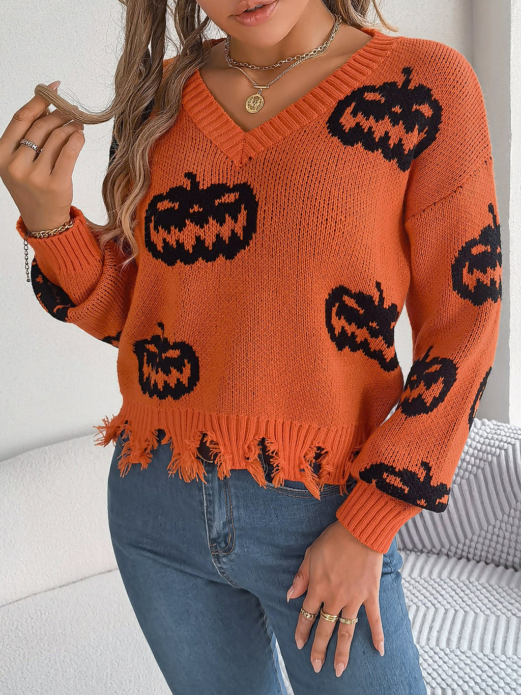 Women Color Block Pumpkin Distressed Long Sleeve Pullover Sweater