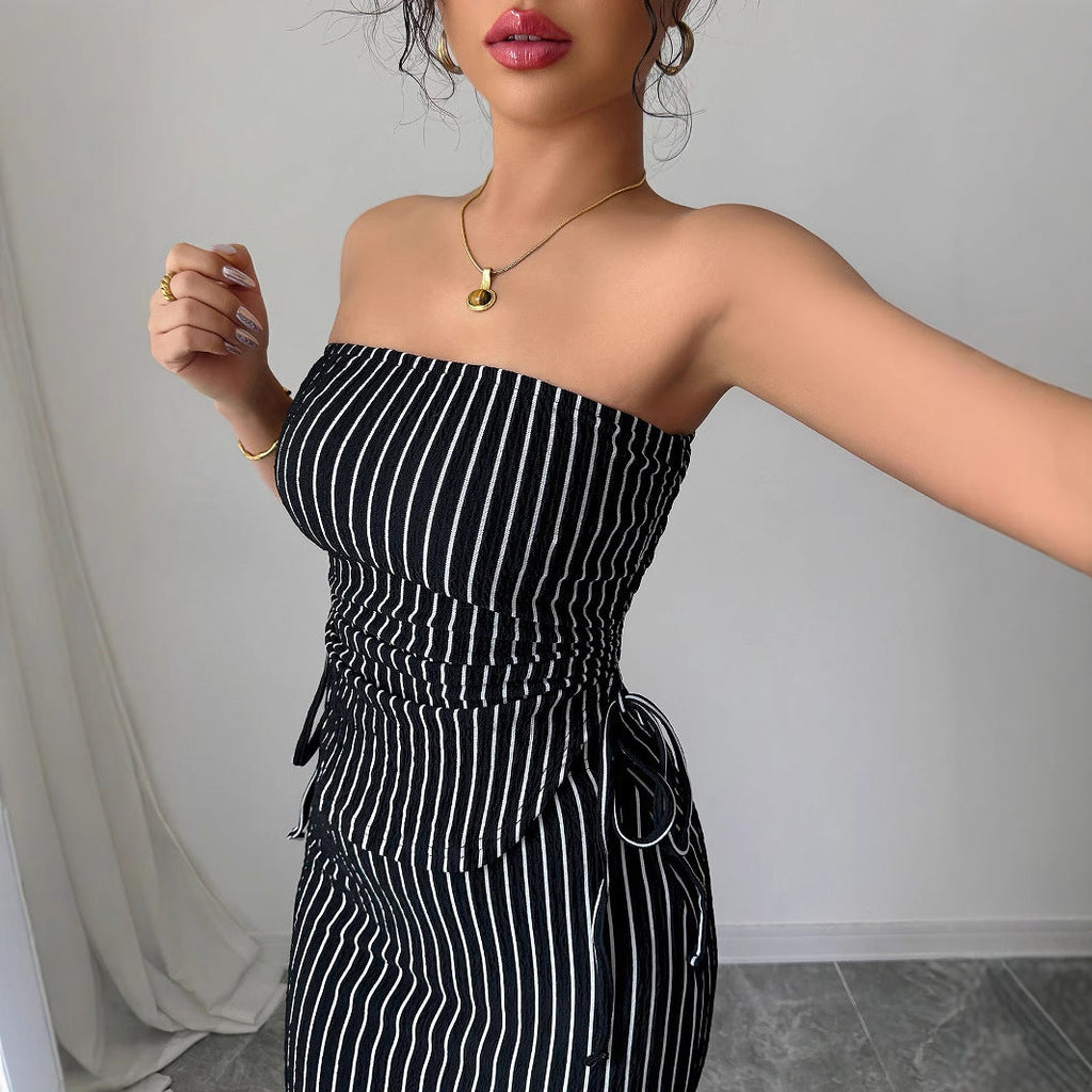 Women's Casual Striped Strapless Tube Top And Sheath Skirt Set