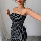 Women's Casual Striped Strapless Tube Top And Sheath Skirt Set
