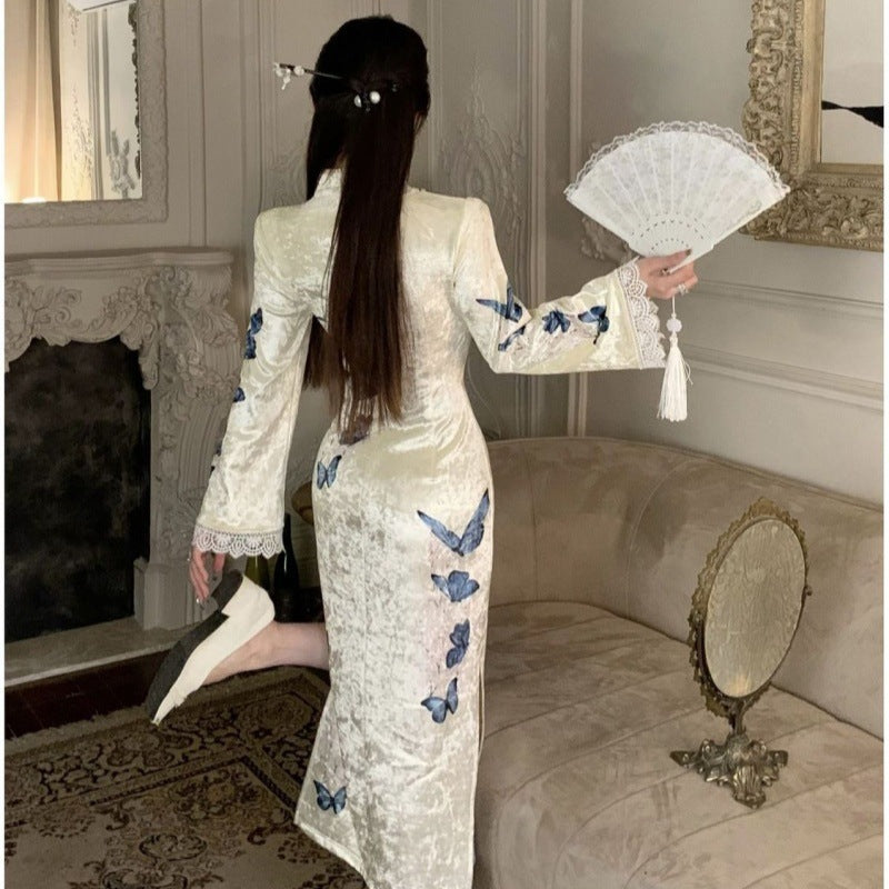 Women's Retro Chinese-Style National-Style Silk Velvet Cheongsam Dress