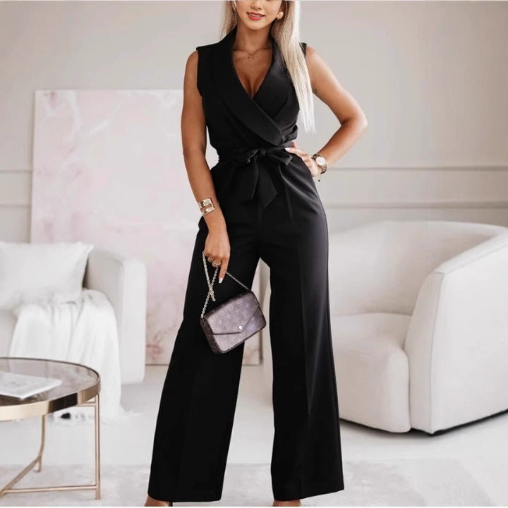 Women's Sleeveless Lapel-collar Wide-leg Jumpsuit With Belt And Pockets