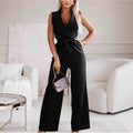 Women's Sleeveless Lapel-collar Wide-leg Jumpsuit With Belt And Pockets