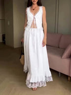 White Lace Patchwork Vest & Elastic Waist Skirt Suit