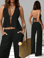 Halterneck Strap Sexy Backless Sleeveless Tank Top And Slim-fit Set