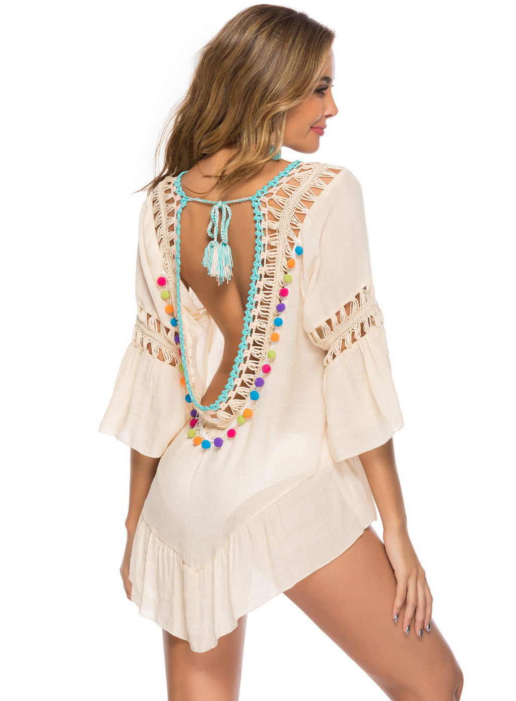 Hollowed-out Backless Beach Cover-up With Colorful Pom-poms And Tassels
