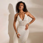 V-neck Knitted Cutout Beach Dress Bikini Swimsuit One-piece Dress