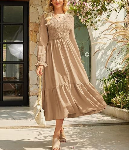 Women's Solid-Color Pleated V-Neck Flowy Casual Dress