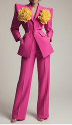 High-Fashion 3D Floral Sculpted Blazer With Tailored Wide-Leg Pants Set