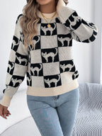 Women Halloween Plaid Lantern Sleeve Long Sleeve Pullover Sweater