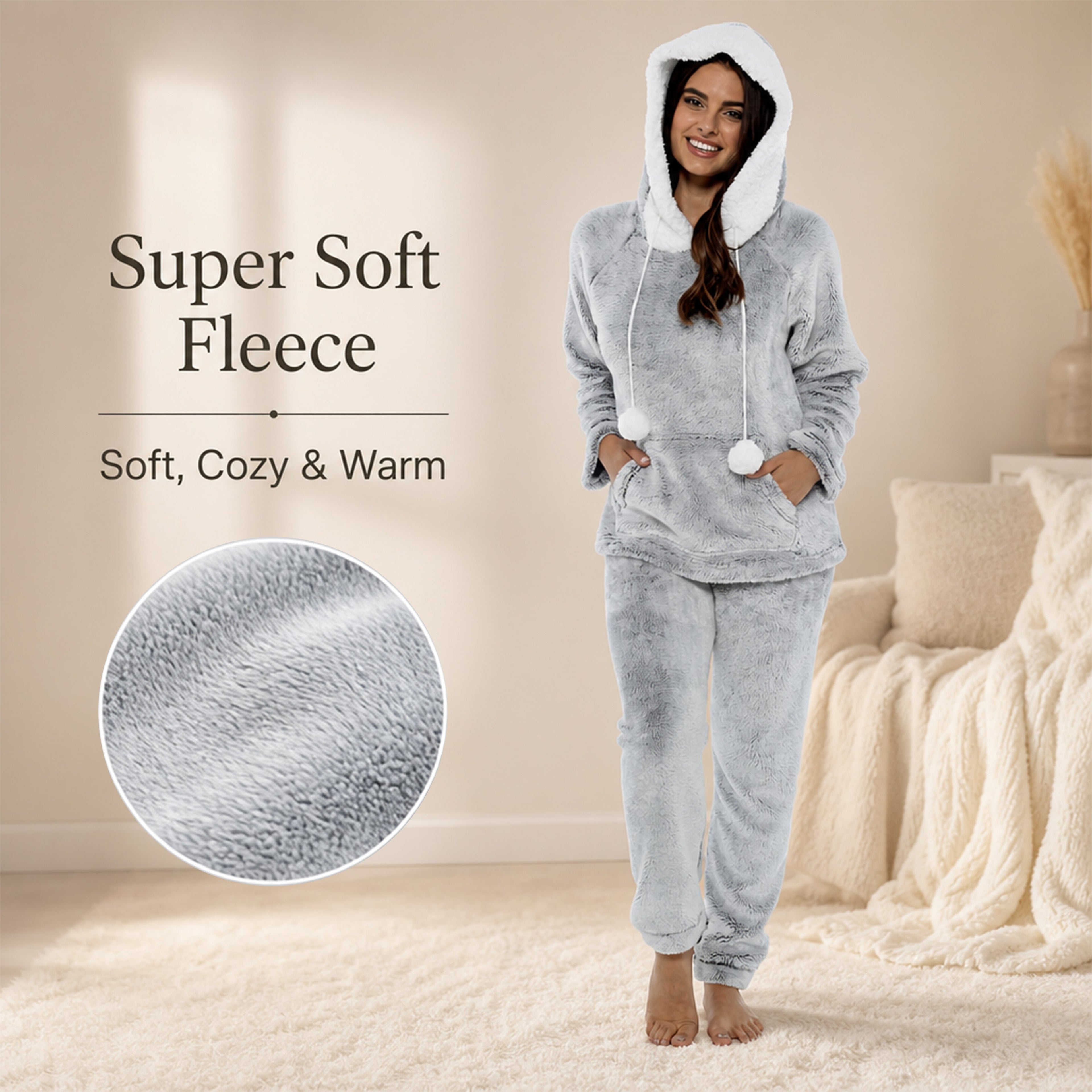 Daisy Dreamer Women's Plush Fleece Hooded Pyjama Set in Shimmer Grey Cosy Winter