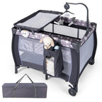 3 in 1 Baby Activity Center Foldable Pack and Play with Diaper Changing Table-Black