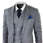 Men's Light Grey 3 Piece Suit Blue Check Double Breast Waistcoat Office Wedding Prom