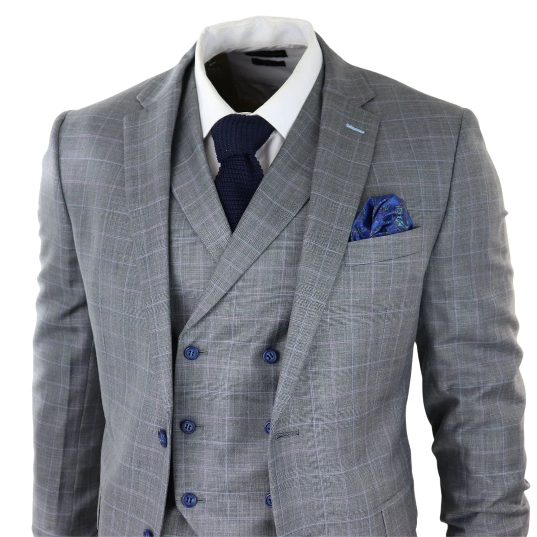 Men's Light Grey 3 Piece Suit Blue Check Double Breast Waistcoat Office Wedding Prom