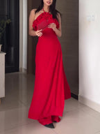 Three-piece Red Ruffled Halterneck Pants Suit