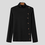European And American Men Casual Sweater Turtleneck Buttons Solid Color Long Sleeve