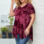 Tie-Dye V-Neck Asymmetric Hem Short-Sleeve Loose Top