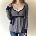 Lace-trimmed Faux Two-piece Striped High-waist Long-sleeve Versatile Top