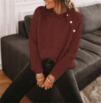 Fashionable Loose-Fit Solid-Color Knitted Sweater With Buttons And Ruffle Neck Long-Sleeve Top