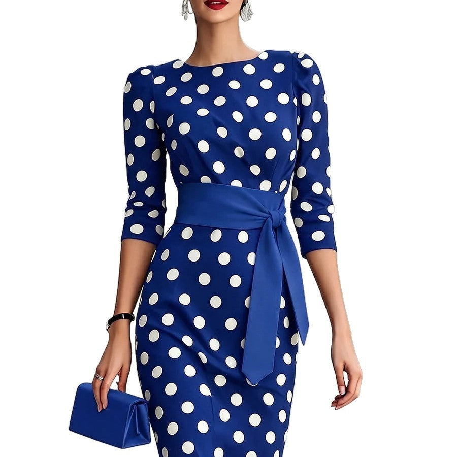 Retro Polka-dot Navy Blue Belted Waist-hugging Elegant Dress