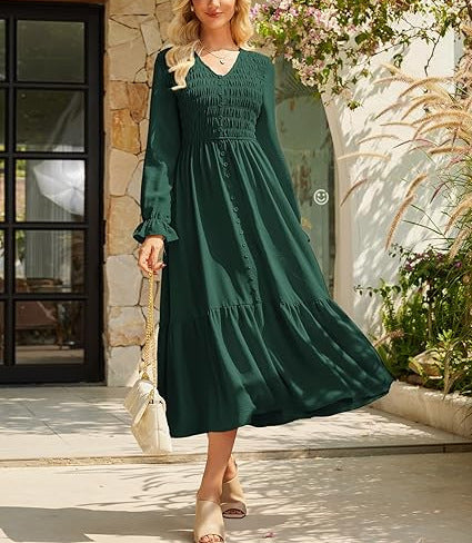 Women's Solid-Color Pleated V-Neck Flowy Casual Dress