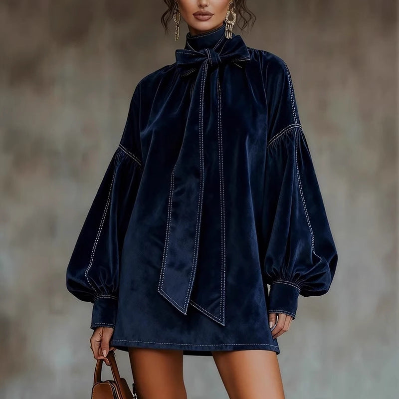 Simple Relaxed Fit Short Dress With Long Sleeves And A Bow