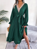Women's Elegant V-Neck Lace Waist-Defined Hem Ruffle Maxi Dress