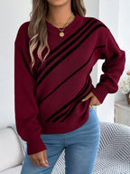 Women Casual Striped Round Neck Lantern Sleeve Long Sleeve Pullover Sweater