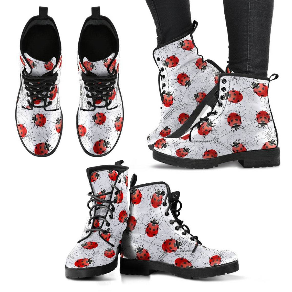Women's High Help Combat Boots Seven Star Ladybird Cute Cartoon British Work Clothes Boots