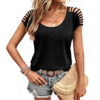 European And American-style Short-sleeve Knitted Top With Openwork