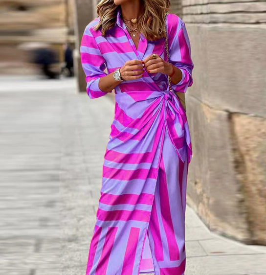 Fashion Printed Shirt Dress With Belt Slim Fit Three-quarter Sleeve Lapel Dress For Women Clothing