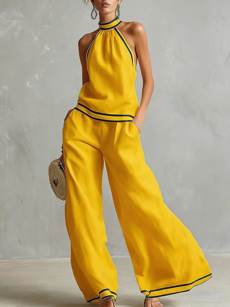 Womens Striped Patchwork Halterneck Sleeveless Wide-Leg Pants Set