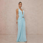 Deep V-neck Halter Dress With Open Back For Beach Vacations