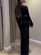 Black Cutout Waist Long-Sleeve Maxi Dress-Includes Waist Chain