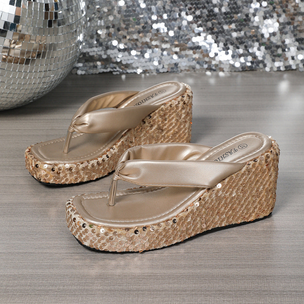 High Heels Wedge Sandals With Sequins Shiny Height Increasing Platform Flip Flops Women's Thick Bottom Shoes Beach Summer
