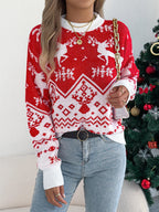 Women Casual Deer Pattern Long Sleeve Pullover Sweater Christmas Edition