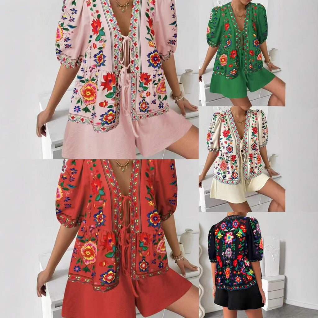 Women's Floral-print Cardigan With Tie-front Short-sleeve Top And Shorts Set