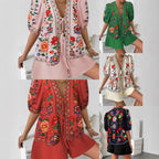 Women's Floral-print Cardigan With Tie-front Short-sleeve Top And Shorts Set