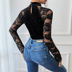 Retro-style Sexy And Elegant Half-high-neck Lace Bodysuit